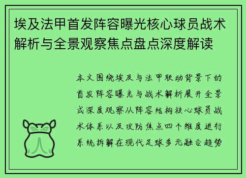 埃及法甲首发阵容曝光核心球员战术解析与全景观察焦点盘点深度解读